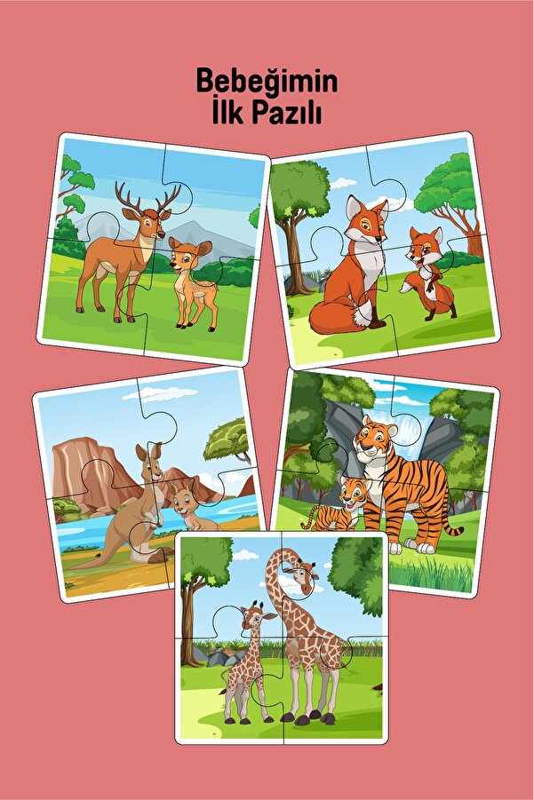 metafortoys 5 Adet Ahşap 4 Parça Yapboz Bebeğimin Ilk Pazıl Seti (ZÜRAFA-CEYLAN-TİLKİ-KANGURU-KAPLAN)
