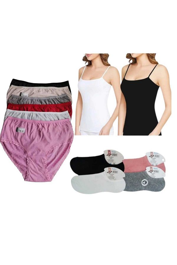 Tutku-6 Pieces of Passion Multicolored Panties, 2 Pieces of Elastane Undershirt with String Straps, 4 Pieces of Socks 1