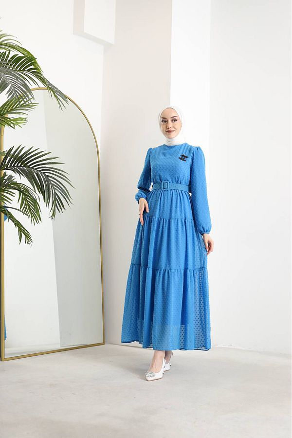Neşeli Butik-γυναικείο πομ πομ σιφόν ισλαμικό φόρεμα με ζώνη SMS022 1