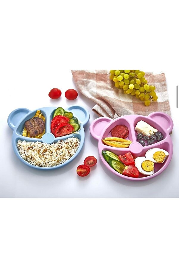 lufy Mavi-Pembe Ayıcık Şekilli Mama Yemek Tabağı, 3 Bölmeli, Eğlenceli Çocuk Bebek Kahvaltı Yemek Tabağı