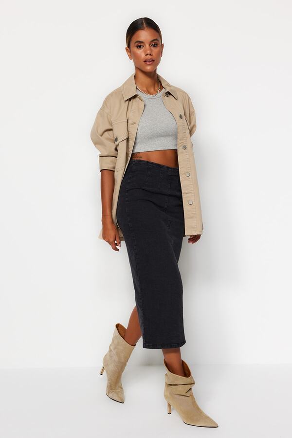 Trendyol Collection-Fekete, állítható varrás, részletes Midi ceruza farmer szoknya TWOAW24ET00057 1