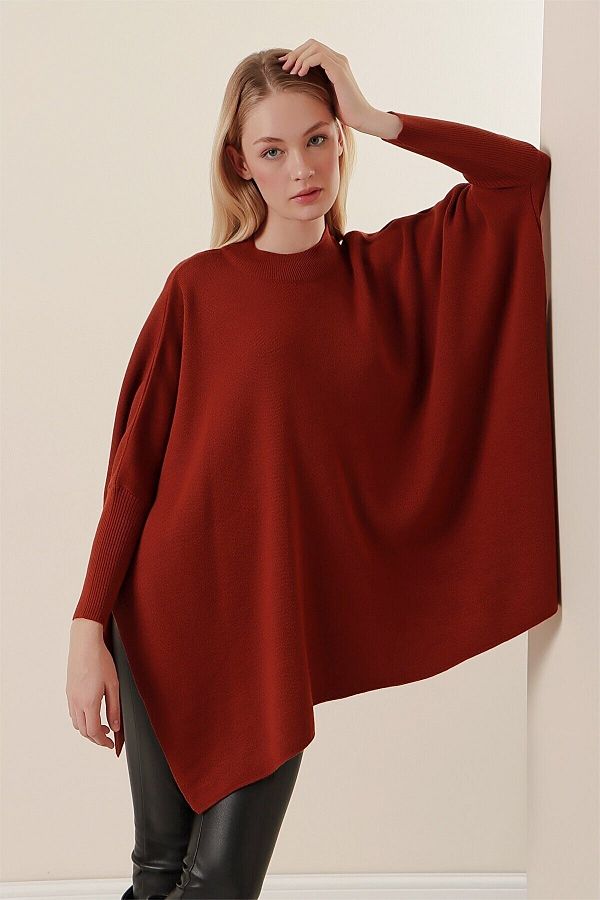 MODAMERS Women s Burgundy Oversize Slit Poncho Sweater Trendyol
