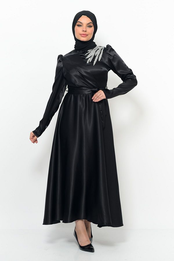 Matik Abiyem-Rochie de designer din satin cu pietre pe umeri Rochie de seara 1