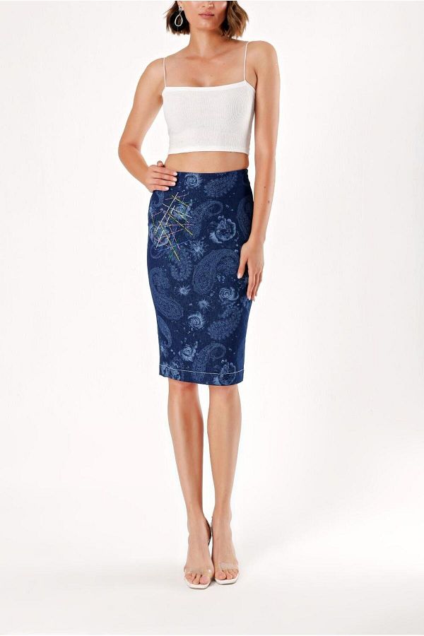 Navy blue printed pencil skirt cheap
