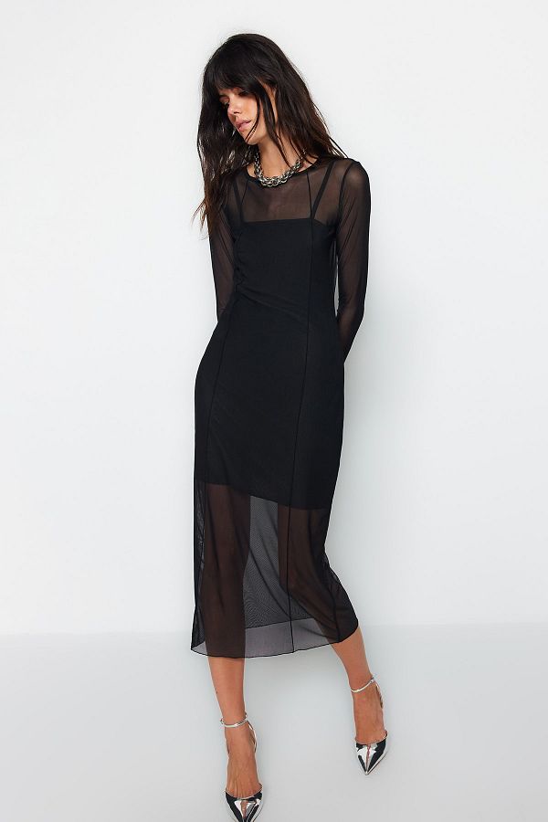 Trendyol Collection-Rochie Midi tricotată cu căptușeală din tul negru TWOAW24EL00164 1