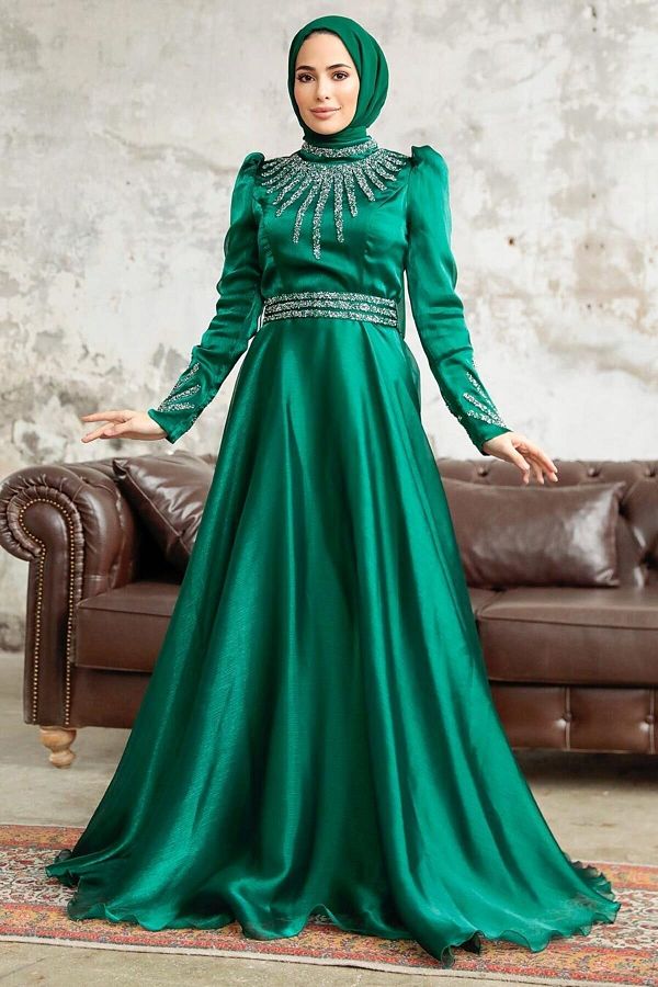 Neva Style Hijab Evening Dress Bead Embroidered Emerald Green Hijab Evening Dress 3774zy Trendyol