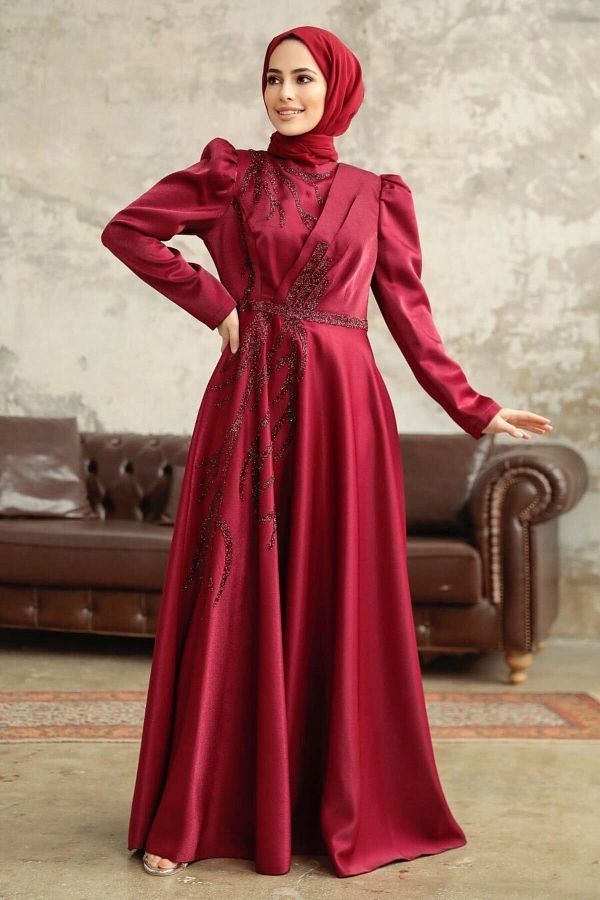 Neva Style Hijab Evening Dress Bead Embroidered Burgundy Hijab Satin Evening Dress 3915br Trendyol