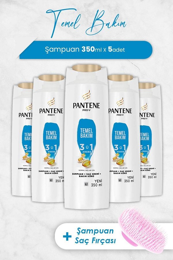 Pantene-Pro-V Shampoo - Basic Care, 350 ml x 5 Pcs, 3 in 1, and Brush Included 1