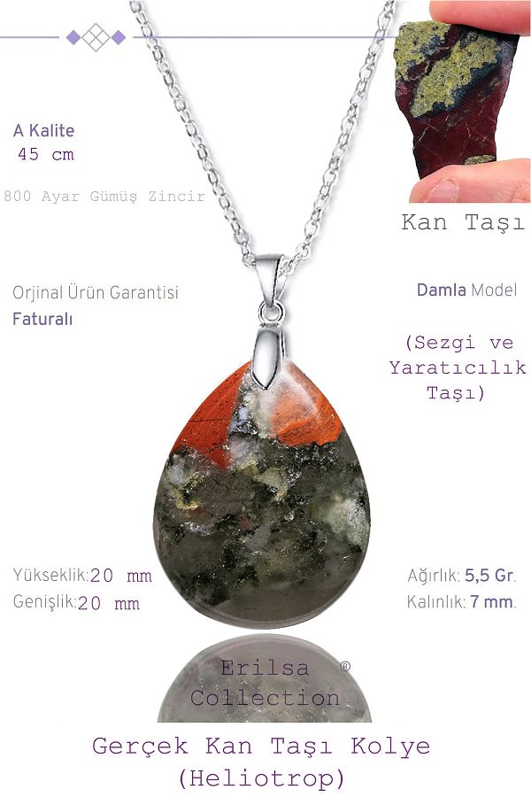 Tesbih Atolyesi Certified Drop Model Bloodstone Necklace HEL OTROP With Silver Apparatus