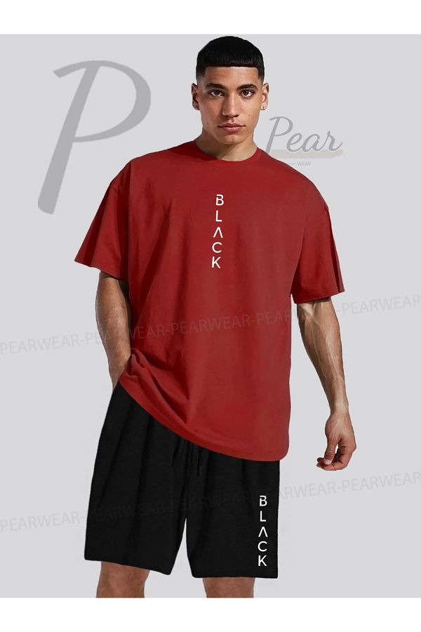 Pear Wear-تي شيرت أسود كبير الحجم مطبوع بقصة عادية، طقم شورت تي شيرت مزدوج 1