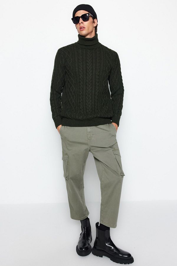 Trendyol Collection-Khaki rolák Slim Fit pletený svetr - Vlasová pletená vlna Tmnaw22Kz0302 1