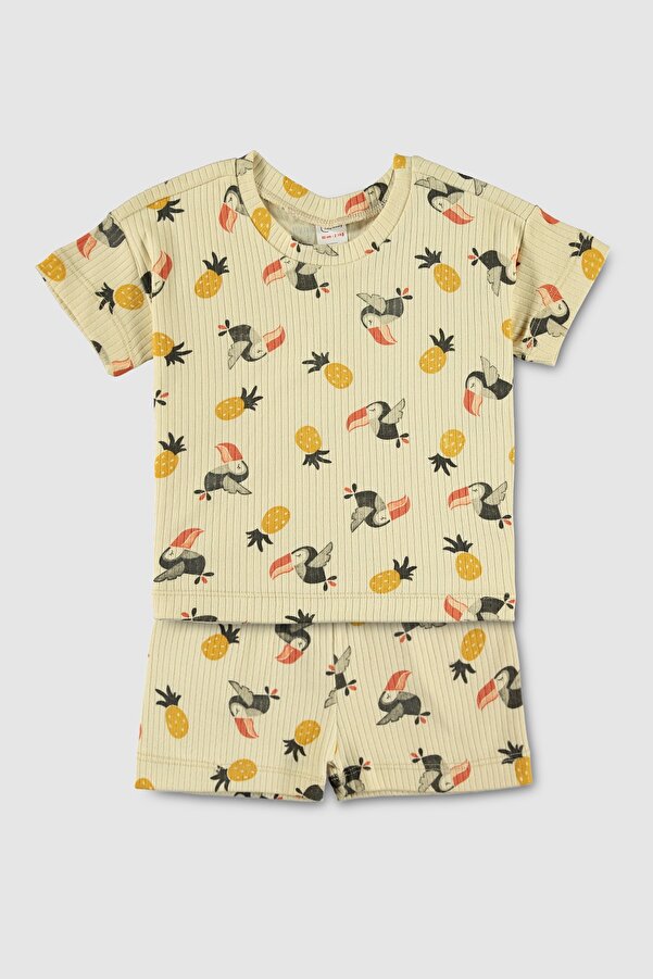 hepbaby Krem, Tukan Desenli %100 Pamuk Şortlu Çocuk Pijama Takımı
