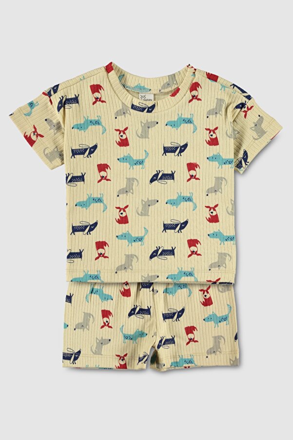 hepbaby Krem, Desenli %100 Pamuk Şortlu Çocuk Pijama Takımı