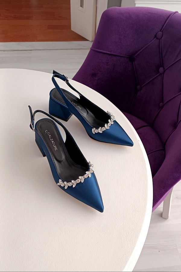 LA CALZATURE Navy Blue Satin 6cm Thick Heeled Accessory Stone Detailed Evening Dress Women s Heeled Shoes Trendyol