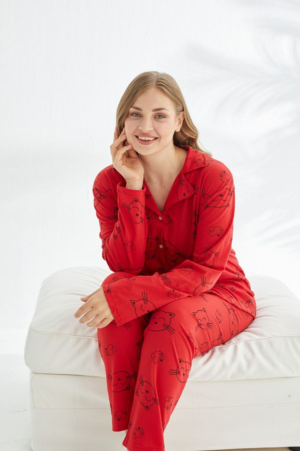 Siyah İnci-Red cat patterned Curve Plus Size Oversize Buttoned Cotton Pajama Set 1