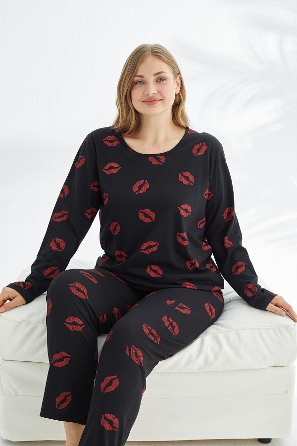 Siyah İnci-Curve Plus Size King Size Cotton Pajama Set with black lip pattern 1