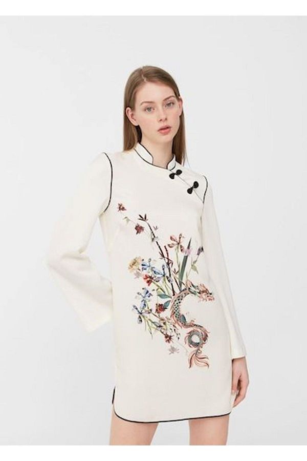 Elif Tongel kimono dress japanese ecru black piping japanese mini Trendyol
