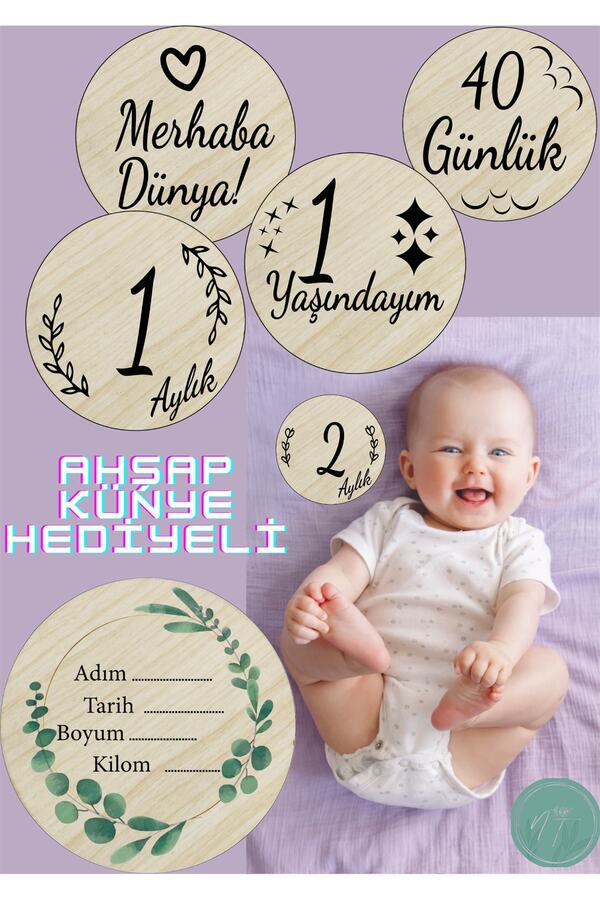 NT Handmade Ahşap Türkçe Aylık Plak Seti Bebek Fotoğraf Kartları Ahşap Bebek Anı Kartı Yenidoğan Hediyesi