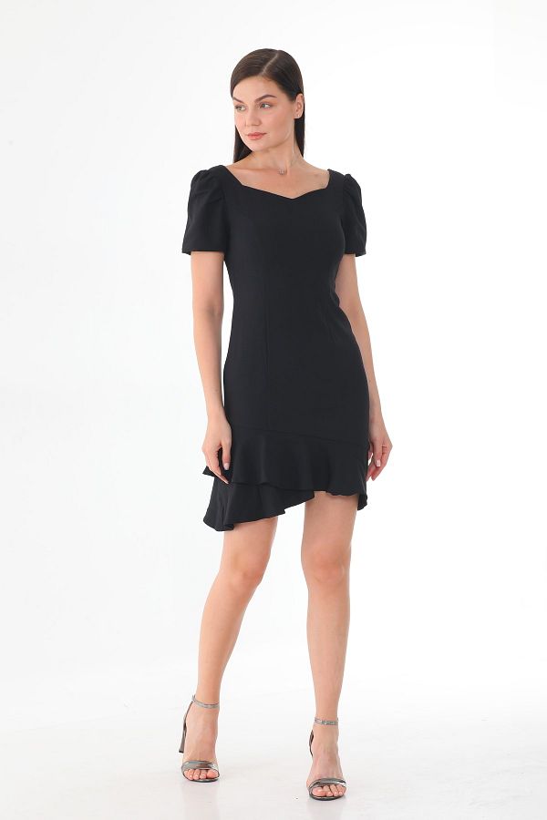 WAPP Women s Black V Neck Balloon Sleeve Skirt Ruffled Fish Cut Short Evening Dress Trendyol