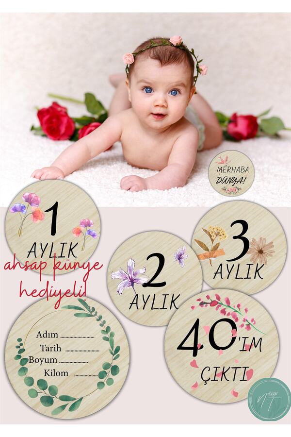 NT Handmade Çiçek Desenli Türkçe Aylık Plak Seti Bebek Fotoğraf Kartı Ahşap Bebek Anı Kartı Yenidoğan Hediyesi