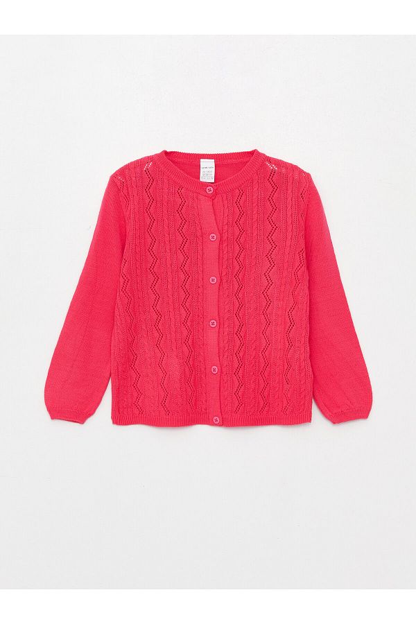 LC Waikiki-Crew Neck Long Sleeve Self Patterned Baby Girl Knitwear Cardigan 1