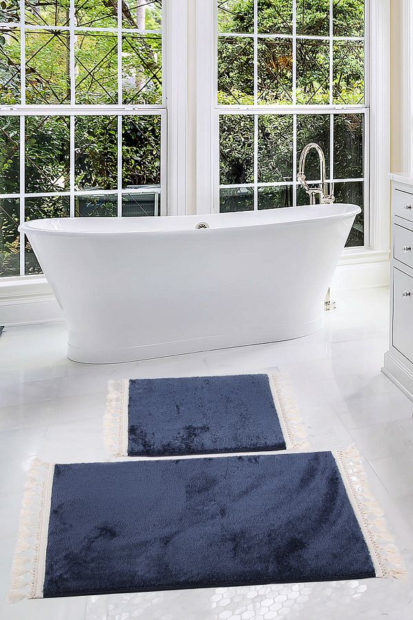 AVANTAJ Relax Navy Blue Fringed 2 Piece Plush Bath Mat Carpet Non