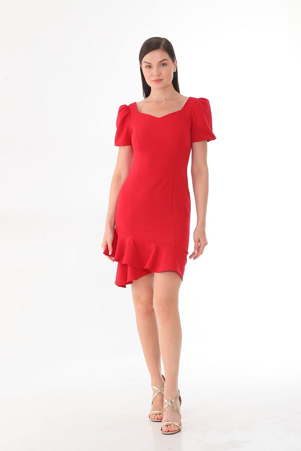 WAPP Women s Red V Neck Balloon Sleeve Skirt Ruffled Fish Cut Short Evening Dress Trendyol