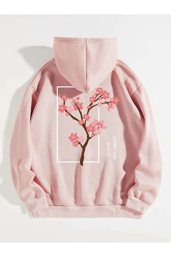 Machetta Plus Size Women s Flower Back Flower Tree Back Print Detailed Hooded Pocket Sweatshirt Hoodie Trendyol