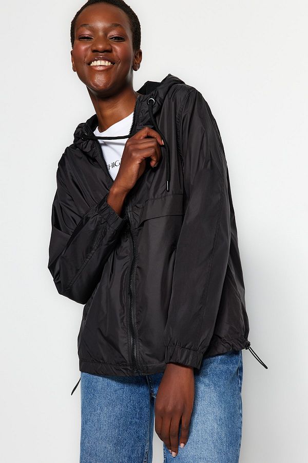 Trendyol Collection Black Hooded Water Repellent Kangaroo Windbreaker Coat TWOAW24MO00240 Trendyol