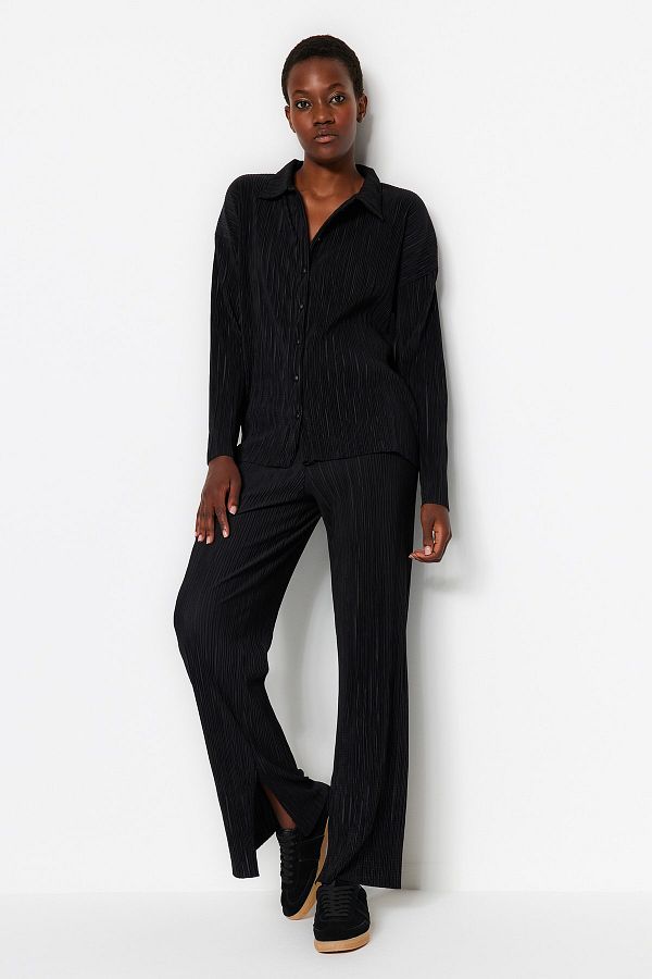 Trendyol Collection-Black Pleated Regular Buttoned Knitted Top and Bottom Set TWOAW24AU00073 1
