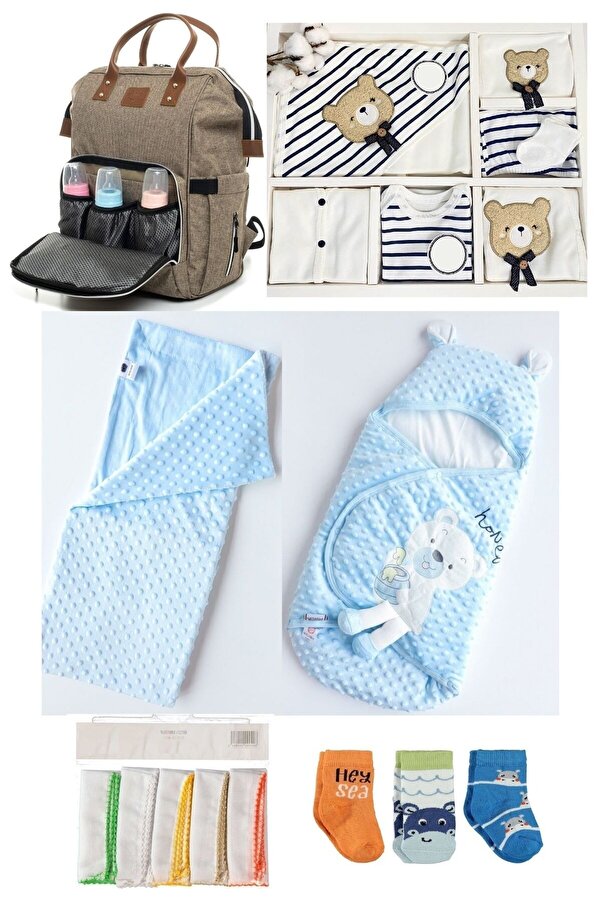 Necix's 6LI SEVİMLİ AYILAR DOĞUM SET(10’LU HASTANE ÇIKIŞ,BEBEK ÇANTASI,KUNDAK,BATTANİYE,MENDİL VE ÇORAP SET)