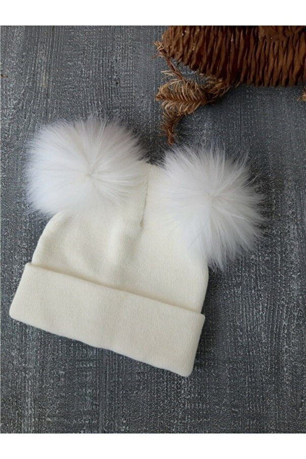 ESES BEBE Kız Bebek Ekru Naturel Çift Ponponlu Bere