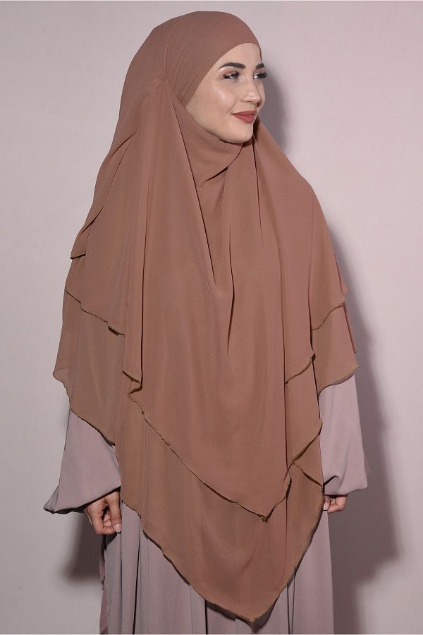Nowa Scarf-Souffle Khimar Hijab with Veil Three Layers Chiffon Shawl Tan 1