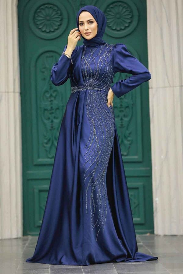 Neva Style Hijab Evening Dress Navy Blue Hijab Satin Evening Dress with Tail 23221L Trendyol