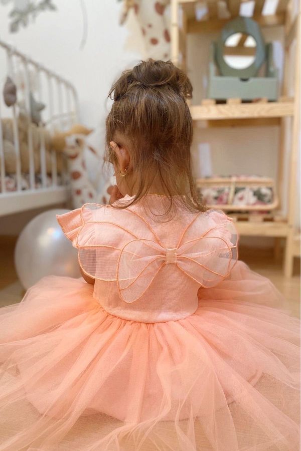 penu baby kids Salmon Color Winged Tulle Skirt Dress butterfly Trendyol