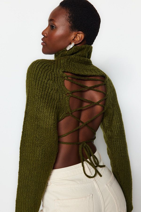 Trendyol Collection Pistachio Green Super Crop Soft Textured Knitwear Sweater with Back Tie Detail TWOAW24KZ00206 Trendyol