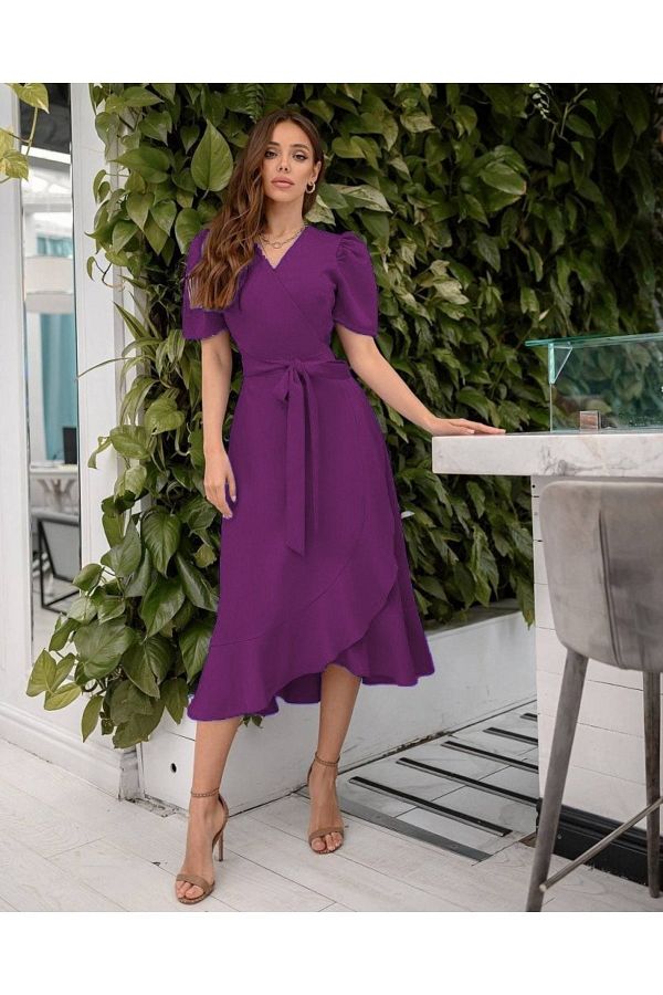 rengamoda Women s Plum Crepe Fabric Midi Length Belted Graduation Wedding Dress Short Sleeve 120 Cm Trendyol