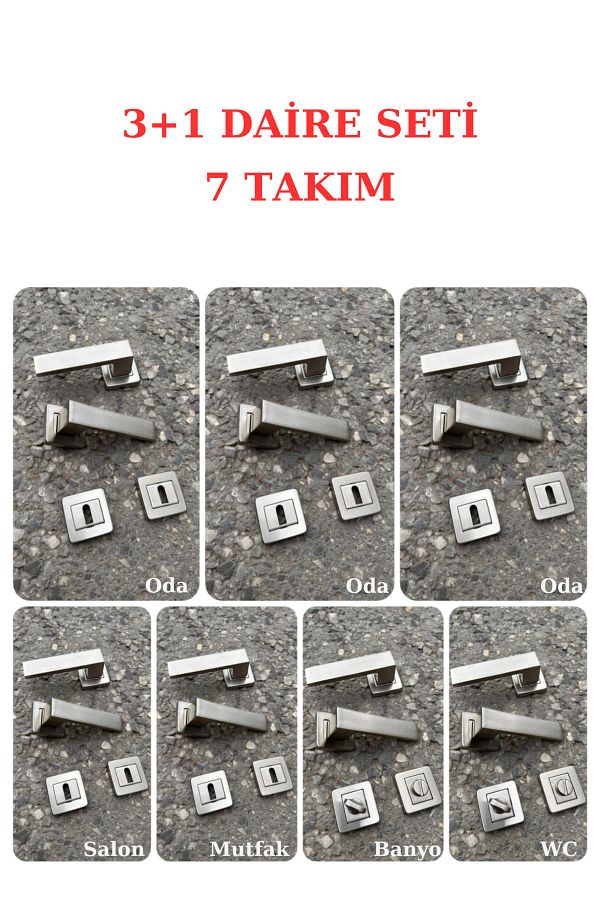 ARON-( 7 Sets ) Sofuoğlu Orkide Stainless Inox Square Rosette Door Handle (3 in 1 SET) (5 ROOMS / 2 BATHROOMS WC) 1