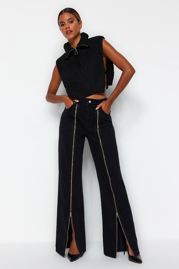 Trendyol Collection-Black Zipper Detailed High Waist Wide Leg Jeans TWOAW24JE00111 1