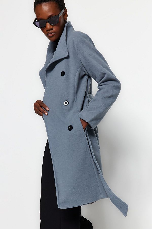 Trendyol Collection Double Breasted Gray Midi Stamp Coat Belted Closure TWOAW24KB00085 Trendyol