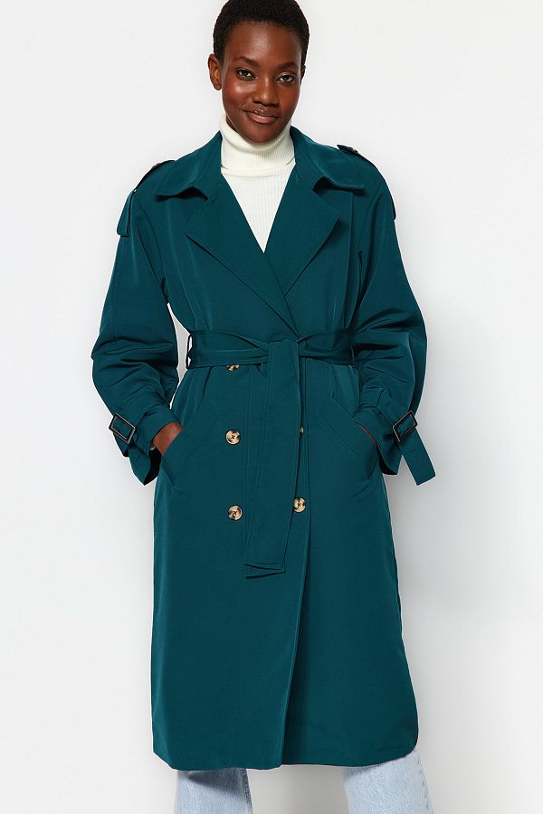Trendyol Collection Dark Green Oversize Belted Windbreaker Detail Water Repellent Long Trench Coat Twoss21Tr0005 Trendyol