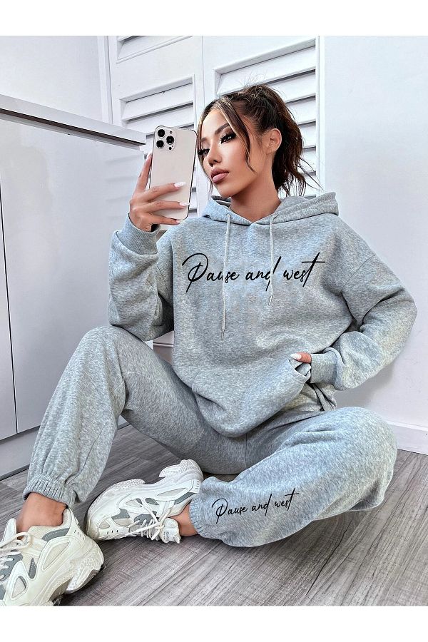 MODARİCH-Pause Hooded Combination Bottom Top Tracksuit Set - Gray Printed Oversize Rubber Legs 1