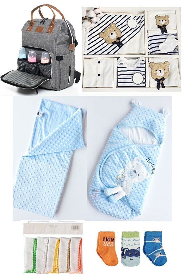 Necix's 6LI SEVİMLİ AYILAR DOĞUM SET(10’LU HASTANE ÇIKIŞ,BEBEK ÇANTASI,KUNDAK,BATTANİYE,MENDİL VE ÇORAP SET)