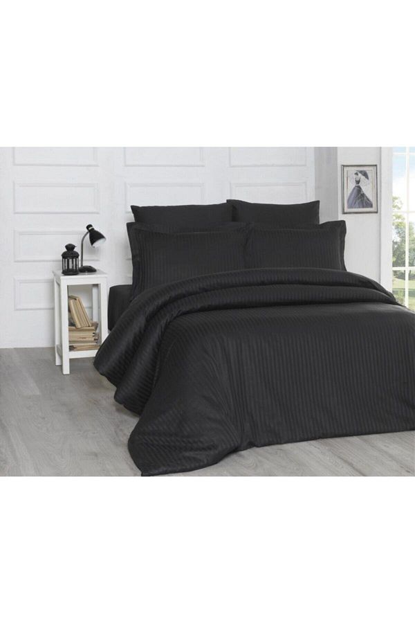 Firuze-Set cuvertură de pilota din satin de bumbac cu dungi Negru 1