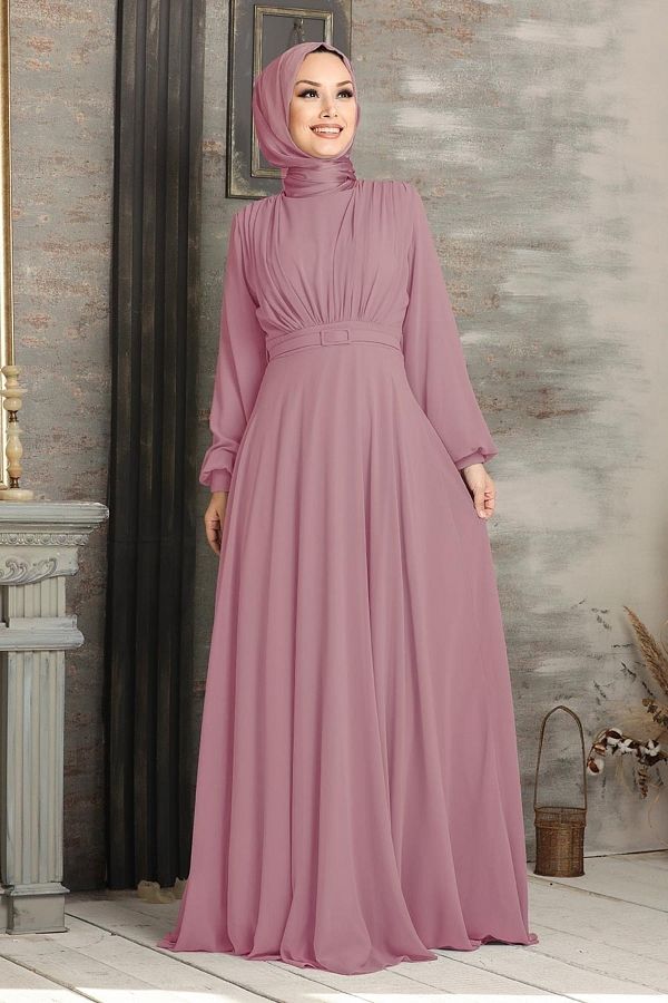 Neva Style-فستان سهرة مزين بحزام بلون مسحوق - 5422pd 1