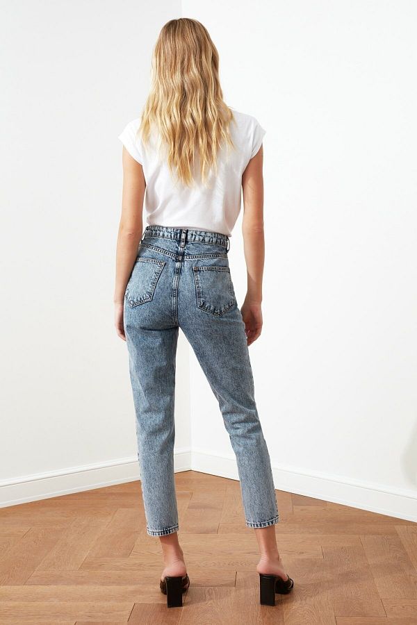 BROSERER Mika Blue Mom Jeans Lycra High Waist Blue Snow Wash Mom Jeans Extra Comfortable Trendyol
