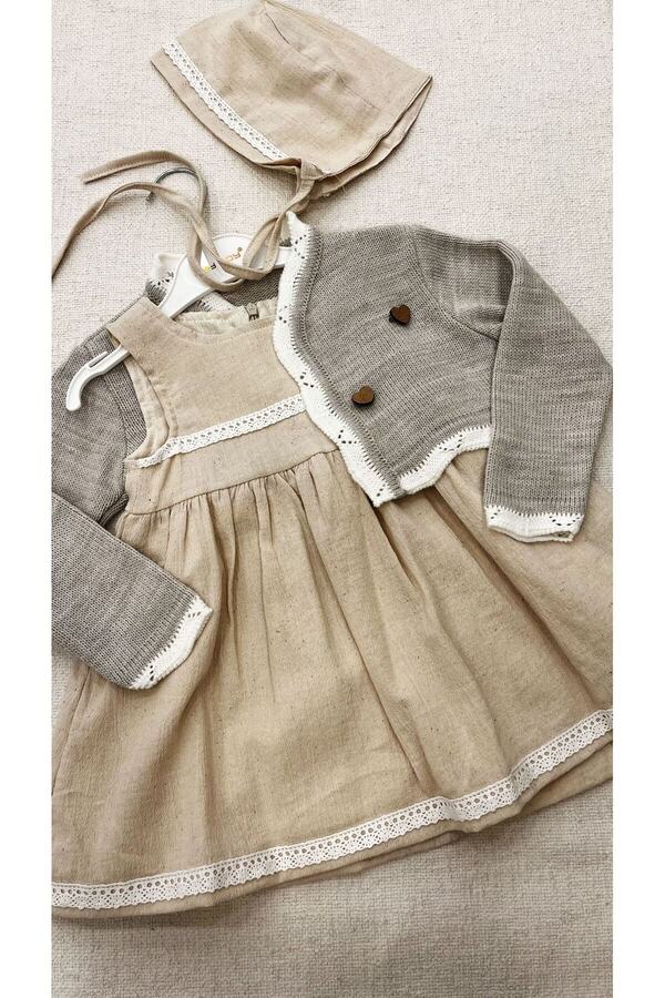 Noy Noy kız bebek elbise keten kumaş triko hırka ve lora şapka takımı mevsimlik