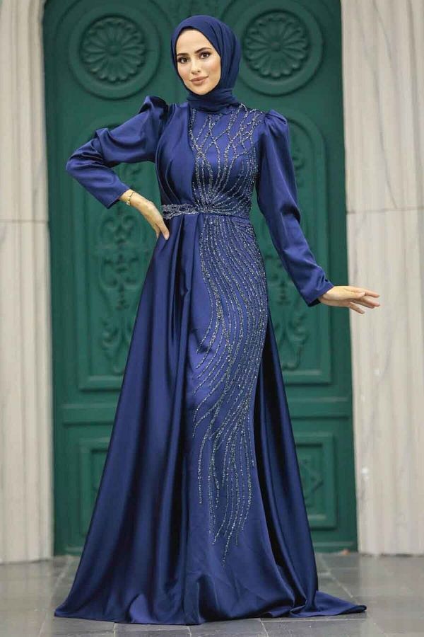 Neva Style Hijab Evening Dress Navy Blue Hijab Satin Evening Dress with Tail 23221L Trendyol