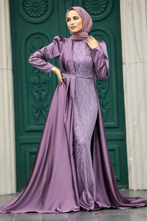 Neva Style Hijab Evening Dress Dark Lilac Hijab Satin Evening Dress with Tail 23221KLILA
