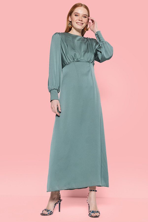 Trendyol Modest-Νερό Πράσινο Σατέν Βραδινό Φόρεμα με μανσέτες και κουμπιά στον ώμο 1